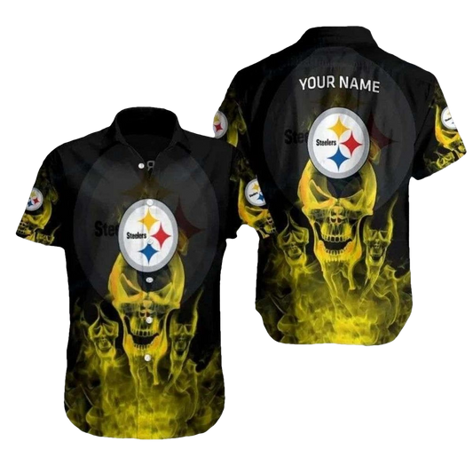 Personalized Pittsburgh Steelers Flame Skull Hawaiian Shirt - Moonbestprint