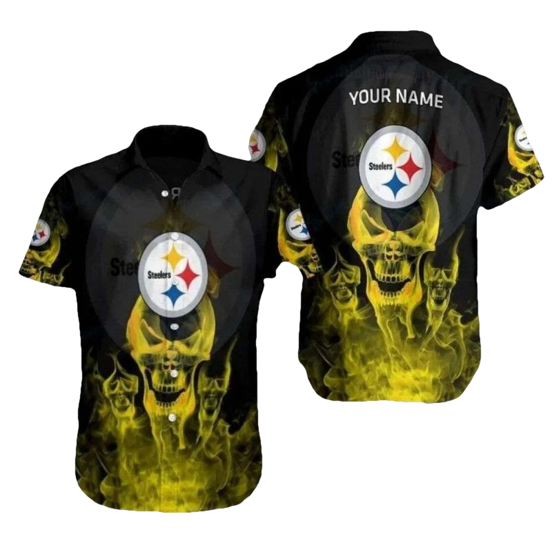 Personalized Pittsburgh Steelers Flame Skull Hawaiian Shirt - Moonbestprint