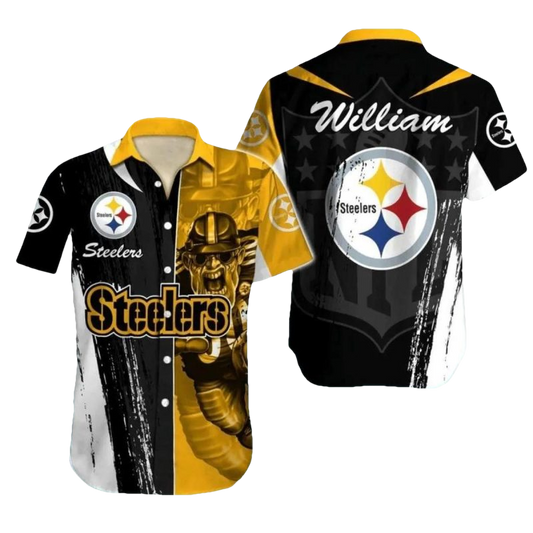 Personalized Pittsburgh Steelers Fierce Fan Black Gold Graphics Hawaiian Shirt - Moonbestprint