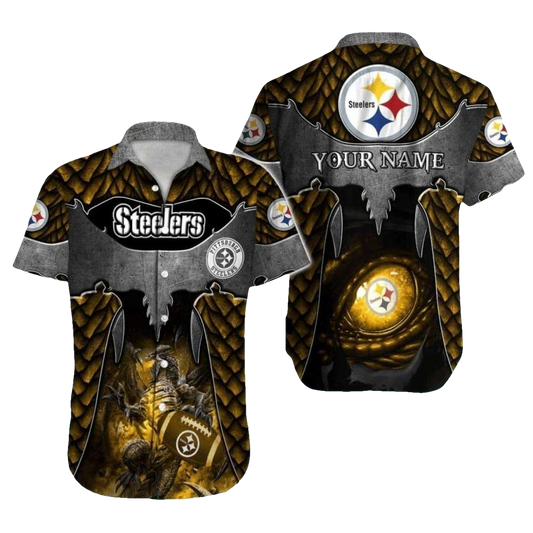 Personalized Pittsburgh Steelers Dragon Warrior Black Gold Hawaiian Shirt - Moonbestprint
