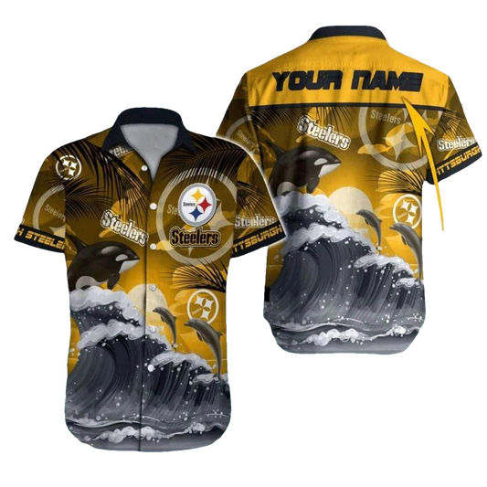 Personalized Pittsburgh Steelers Dolphins Ocean Waves Hawaiian Shirt - Moonbestprint