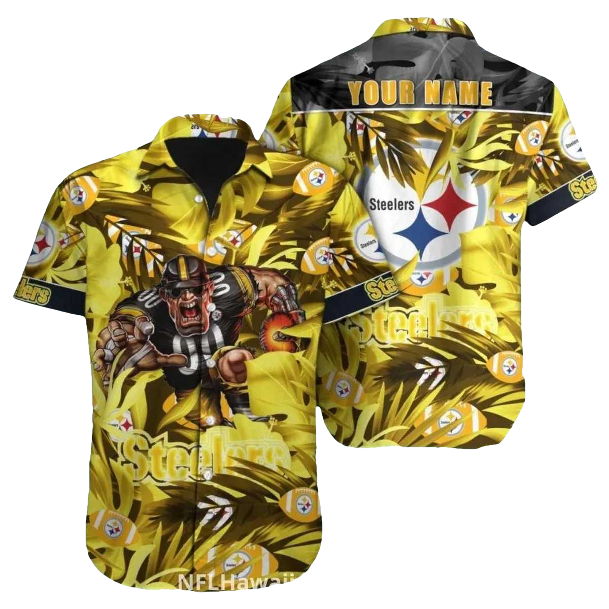 Personalized Pittsburgh Steelers Bold Palm Leaf And Mascot Hawaiian Shirt - Moonbestprint