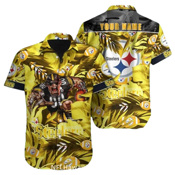 Personalized Pittsburgh Steelers Bold Palm Leaf And Mascot Hawaiian Shirt - Moonbestprint