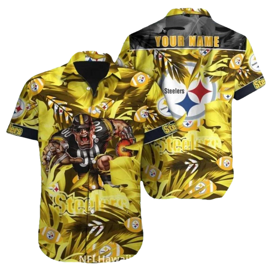 Personalized Pittsburgh Steelers Bold Palm Leaf And Mascot Hawaiian Shirt - Moonbestprint