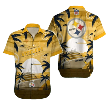Personalized Pittsburgh Steelers Cruise Ship Sunset Palm Trees Hawaiian Shirt - Moonbestprint