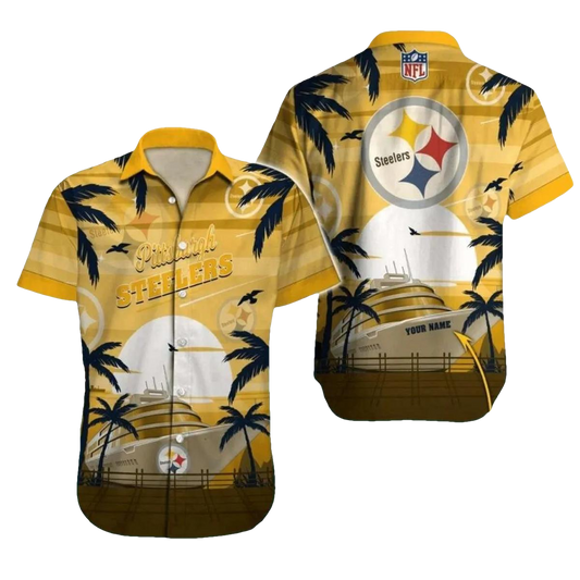 Personalized Pittsburgh Steelers Cruise Ship Sunset Palm Trees Hawaiian Shirt - Moonbestprint