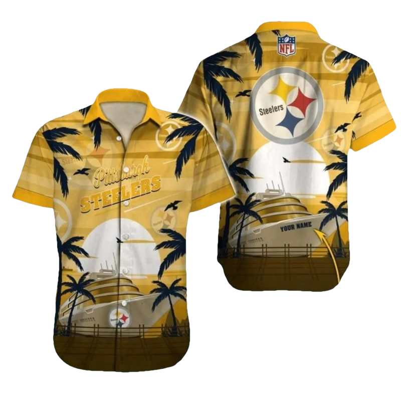 Personalized Pittsburgh Steelers Cruise Ship Sunset Palm Trees Hawaiian Shirt - Moonbestprint