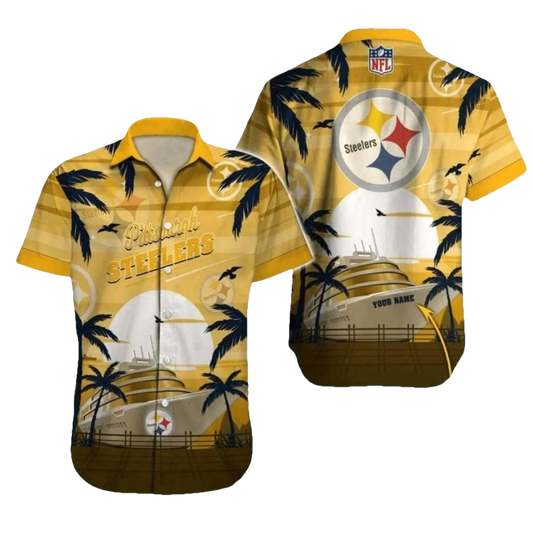 Personalized Pittsburgh Steelers Cruise Ship Sunset Palm Trees Hawaiian Shirt - Moonbestprint