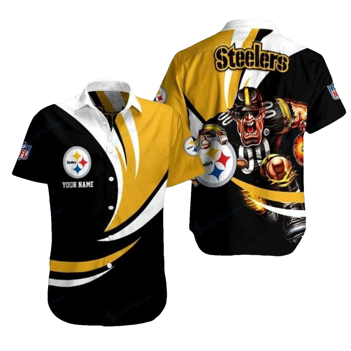 Personalized Pittsburgh Steelers Black White And Gold Mascot Hawaiian Shirt - Moonbestprint