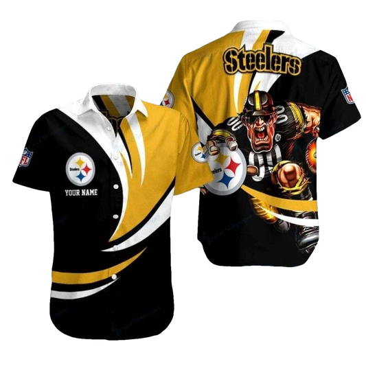 Personalized Pittsburgh Steelers Black White And Gold Mascot Hawaiian Shirt - Moonbestprint