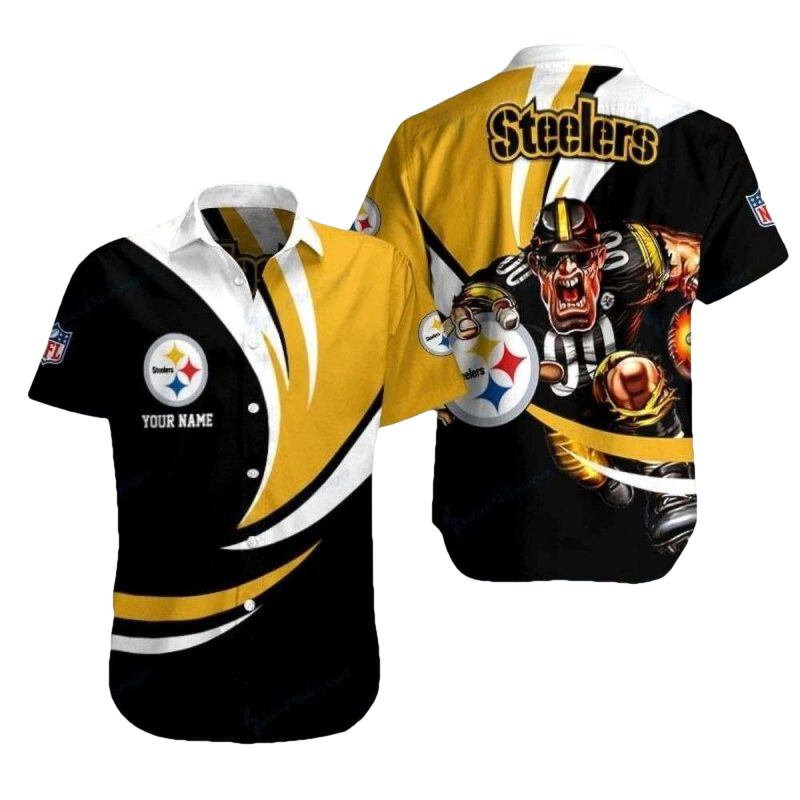 Personalized Pittsburgh Steelers Black White And Gold Mascot Hawaiian Shirt - Moonbestprint