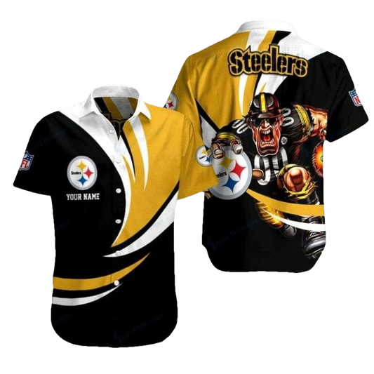 Personalized Pittsburgh Steelers Black White And Gold Mascot Hawaiian Shirt - Moonbestprint