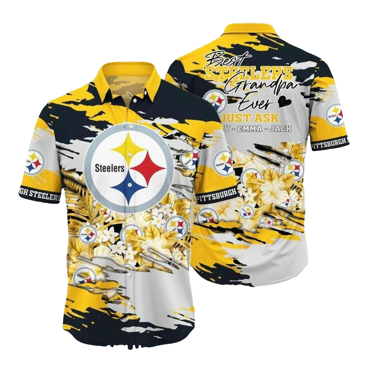 Personalized Pittsburgh Steelers Best Grandpa Ever Floral Hawaiian Shirt - Moonbestprint