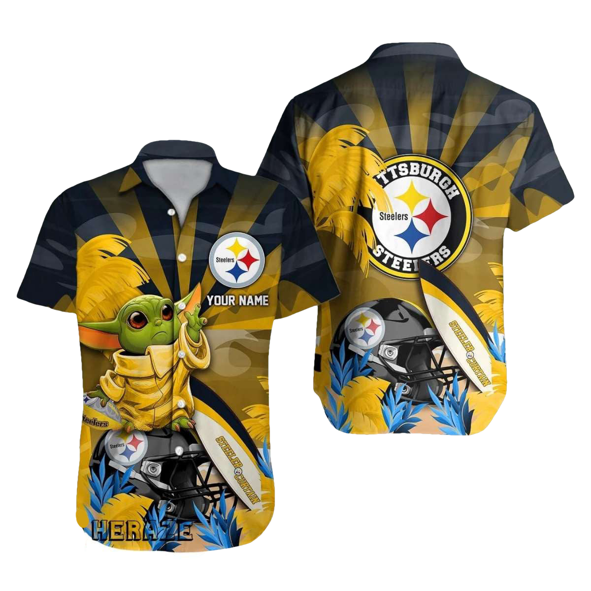 Personalized Pittsburgh Steelers Baby Yoda Loves Logo Sunset Pattern Hawaiian Shirt - Moonbestprint