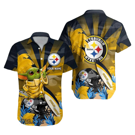 Personalized Pittsburgh Steelers Baby Yoda Loves Logo Sunset Pattern Hawaiian Shirt - Moonbestprint