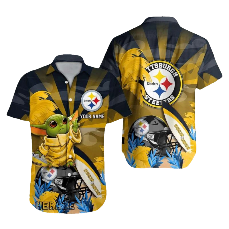 Personalized Pittsburgh Steelers Baby Yoda Loves Logo Sunset Pattern Hawaiian Shirt - Moonbestprint