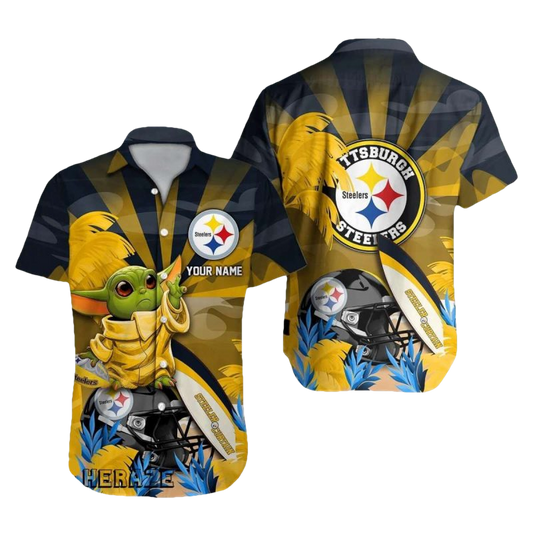 Personalized Pittsburgh Steelers Baby Yoda Loves Logo Sunset Pattern Hawaiian Shirt - Moonbestprint