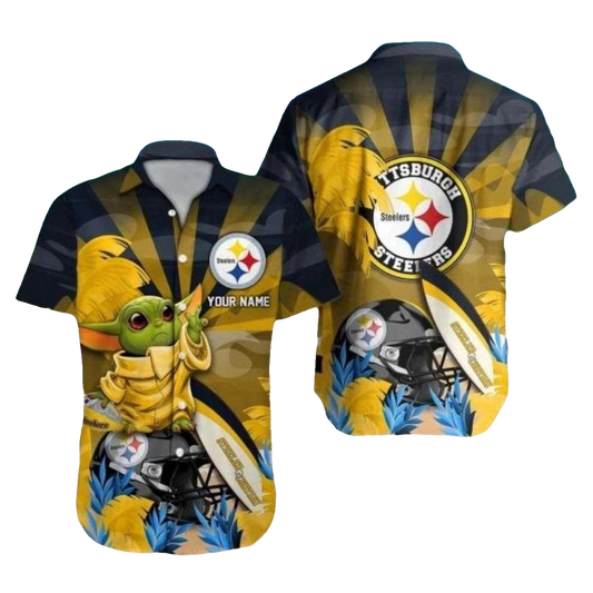 Personalized Pittsburgh Steelers And Baby Yoda Sunset Pattern Hawaiian Shirt - Moonbestprint