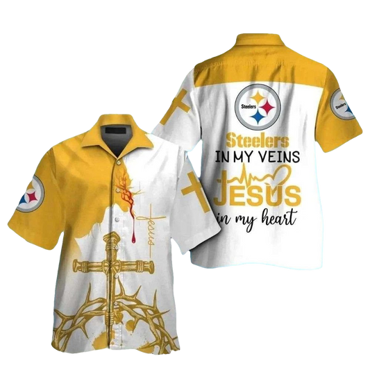 Faith And Pittsburgh Steelers In My Veins Jesus In My Heart Hawaiian Shirt - Moonbestprint