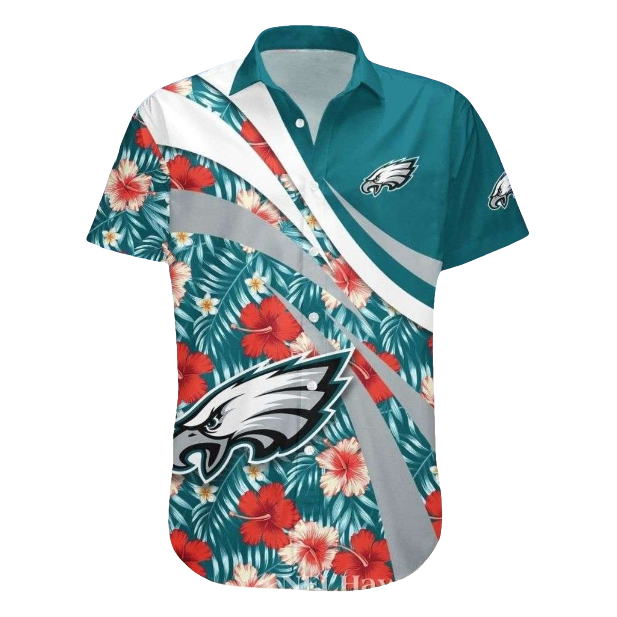 Red Hibiscus Floral Stripe Philadelphia Eagles Hawaiian Shirt - Moonbestprint
