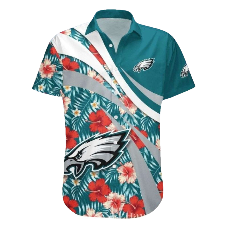 Red Hibiscus Floral Stripe Philadelphia Eagles Hawaiian Shirt - Moonbestprint
