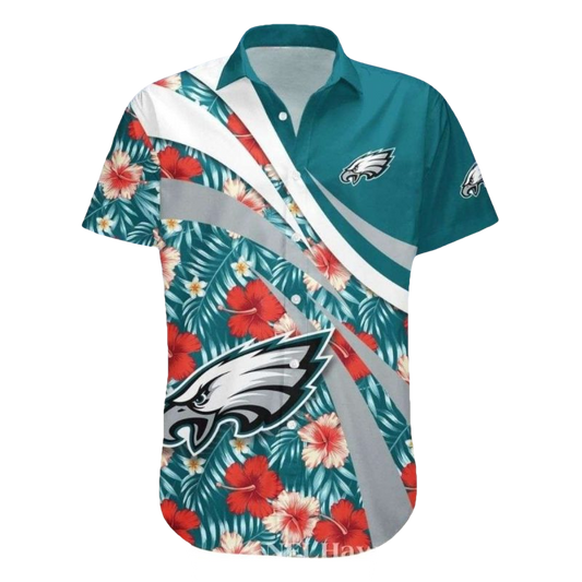 Red Hibiscus Floral Stripe Philadelphia Eagles Hawaiian Shirt - Moonbestprint