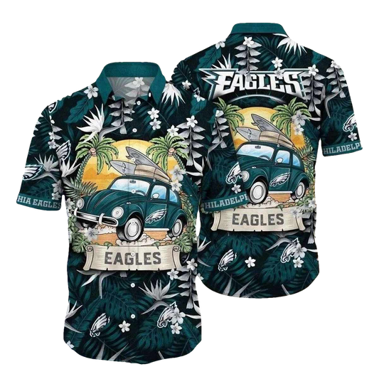 Philadelphia Eagles Surfing Up Vintage Car Tropical Hawaiian Shirt - Moonbestprint