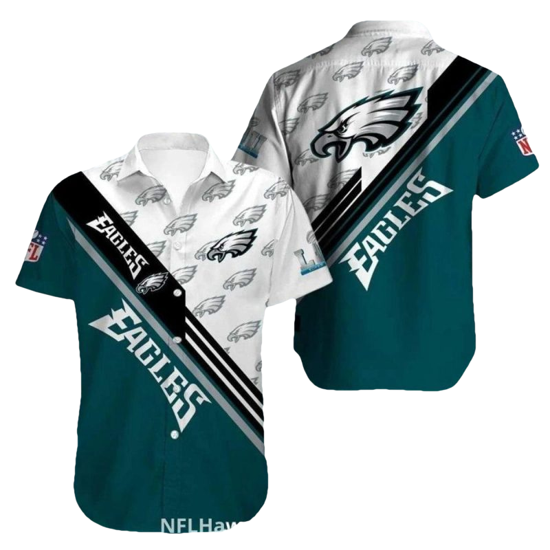Philadelphia Eagles Multi Logo White And Dark Green Hawaiian Shirt - Moonbestprint