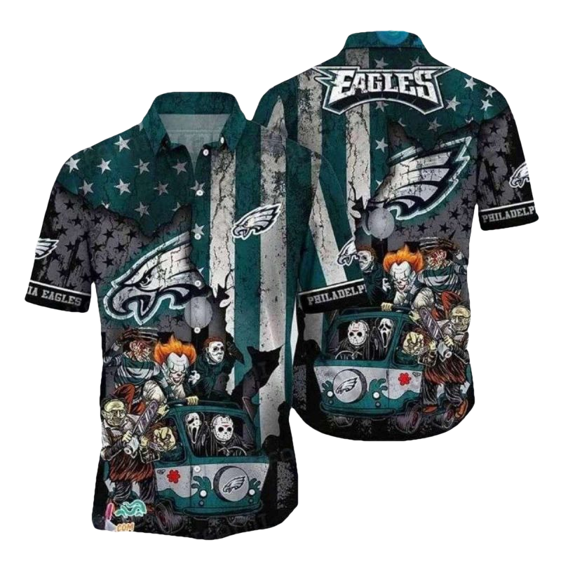Philadelphia Eagles Horror Characters In Scooby Doo Van Halloween Hawaiian Shirt - Moonbestprint