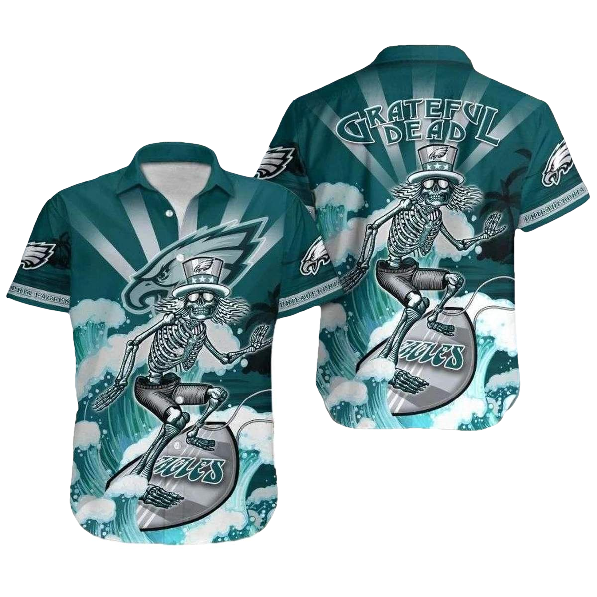 Philadelphia Eagles Grateful Dead Tribute Surf's Up Skeleton Hawaiian Shirt - Moonbestprint