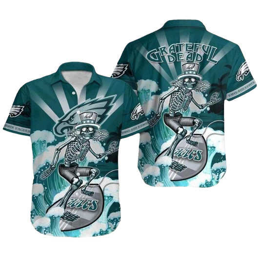 Philadelphia Eagles Grateful Dead Tribute Surf's Up Skeleton Hawaiian Shirt - Moonbestprint