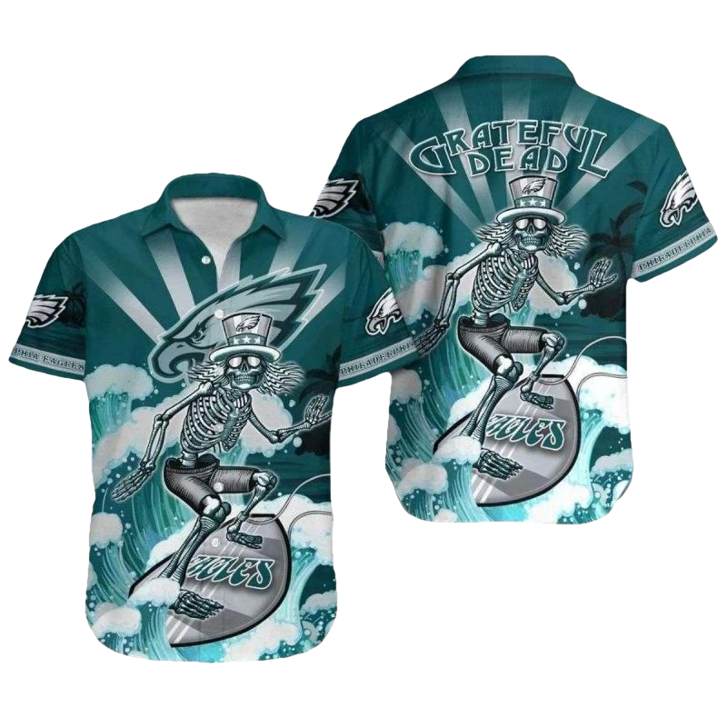 Philadelphia Eagles Grateful Dead Tribute Surf's Up Skeleton Hawaiian Shirt - Moonbestprint