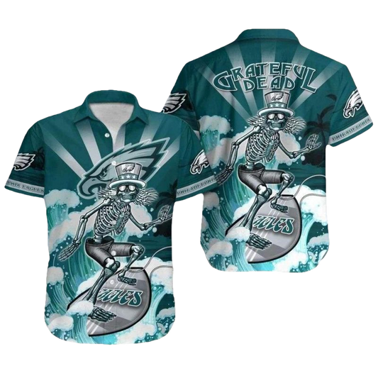 Philadelphia Eagles Grateful Dead Tribute Surf's Up Skeleton Hawaiian Shirt - Moonbestprint