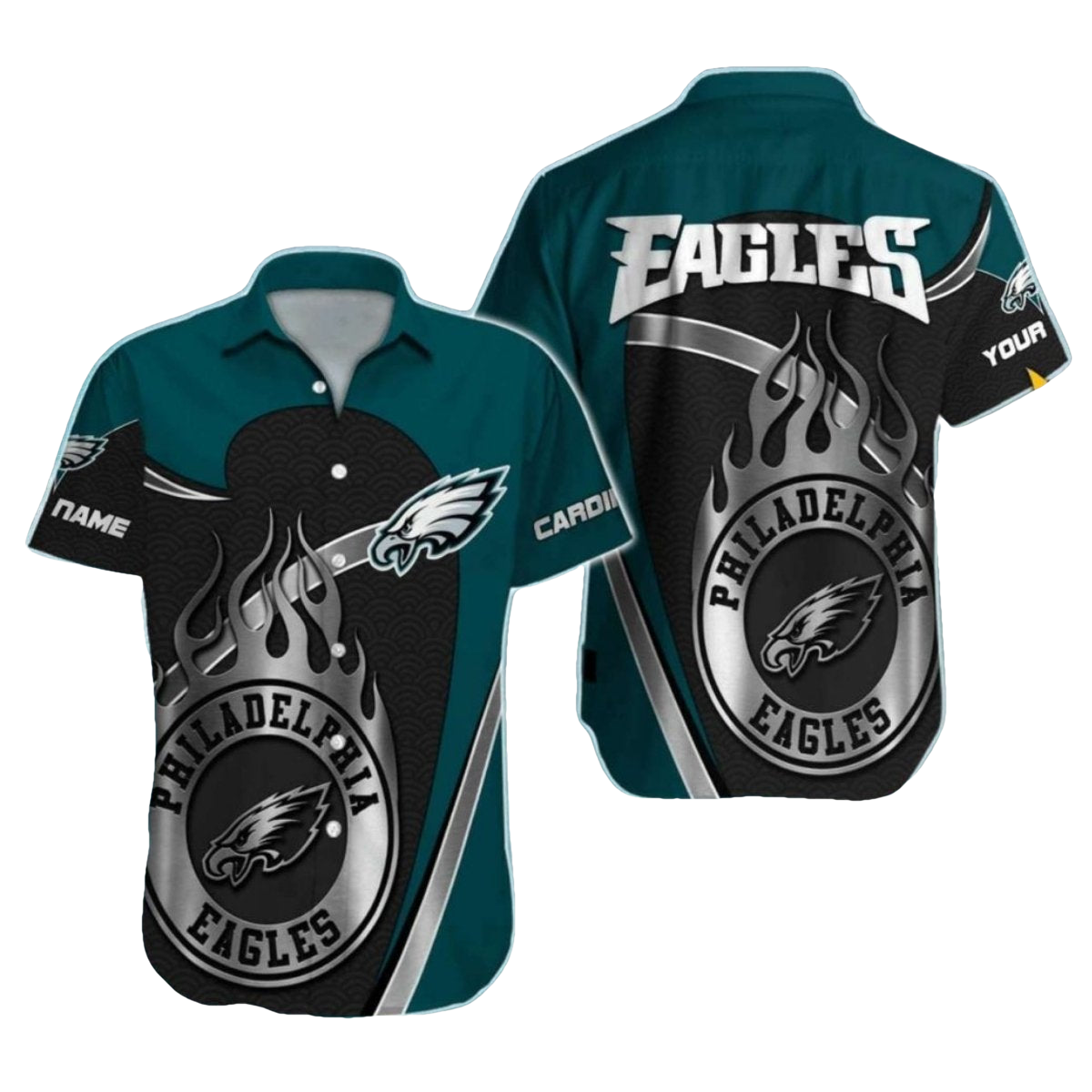 Philadelphia Eagles Black Flames And Silver Logo Hawaiian Shirt - Moonbestprint