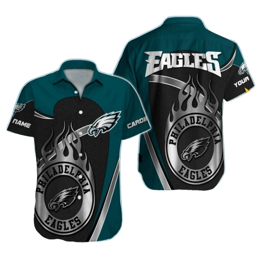 Philadelphia Eagles Black Flames And Silver Logo Hawaiian Shirt - Moonbestprint