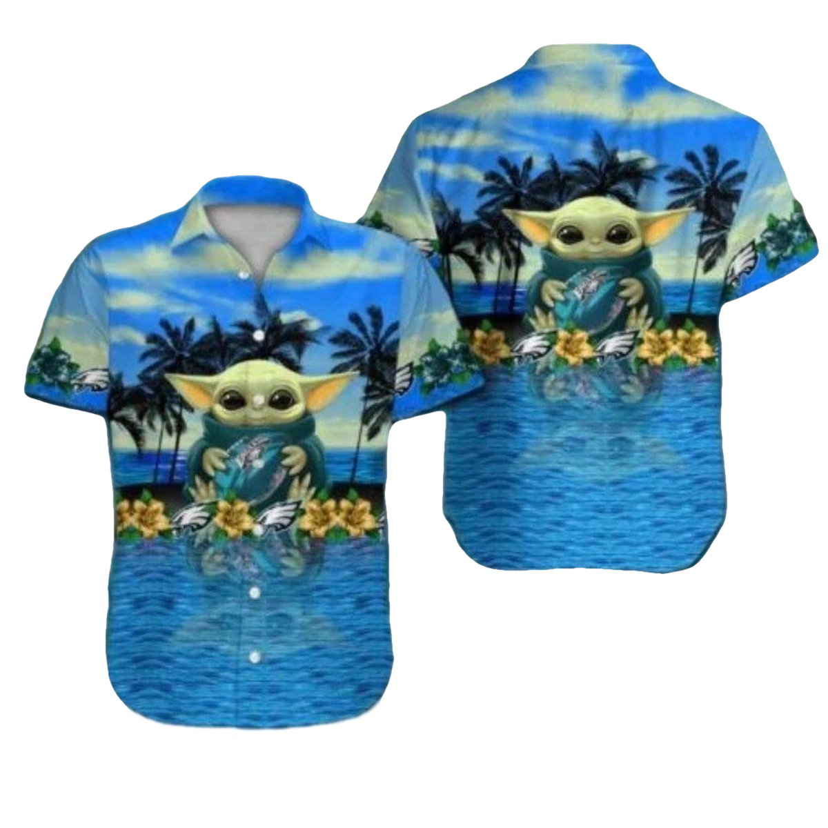 Philadelphia Eagles Baby Yoda Ocean Hawaiian Shirt - Moonbestprint
