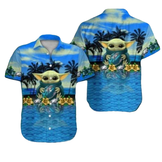 Philadelphia Eagles Baby Yoda Ocean Hawaiian Shirt - Moonbestprint
