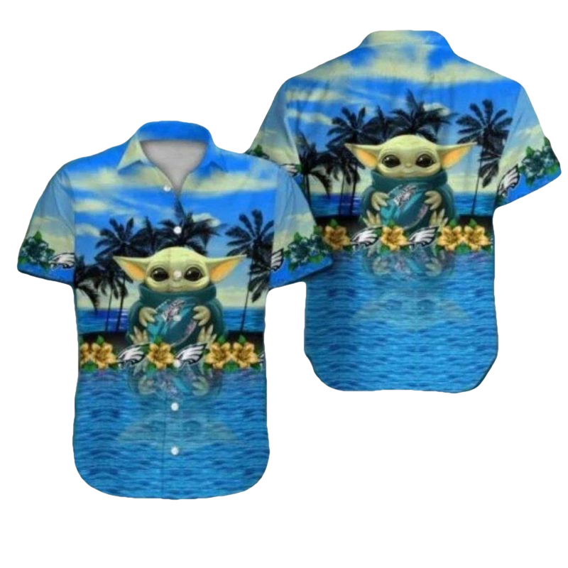 Philadelphia Eagles Baby Yoda Ocean Hawaiian Shirt - Moonbestprint