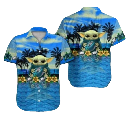Philadelphia Eagles Baby Yoda Ocean Hawaiian Shirt - Moonbestprint