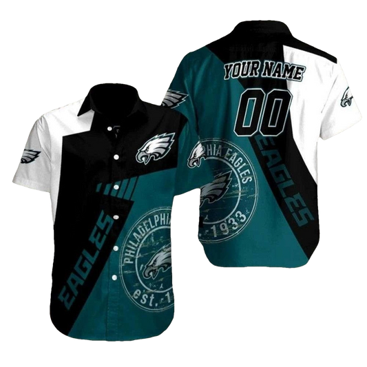 Personalized Vintage Eagles Crest Color Block Black White And Green Hawaiian Shirt - Moonbestprint