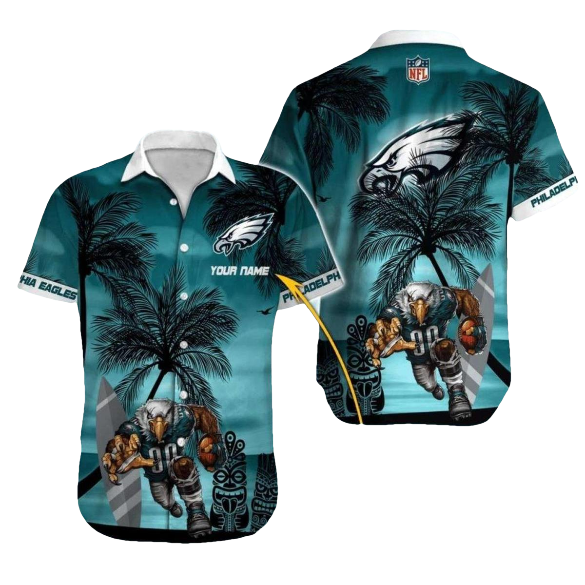 Personalized Philadelphia Eagles Tiki Statue And Palm Trees Hawaiian Shirt - Moonbestprint