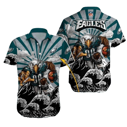 Personalized Philadelphia Eagles Rising Sun And Mountain Football Mascot Hawaiian Shirt - Moonbestprint