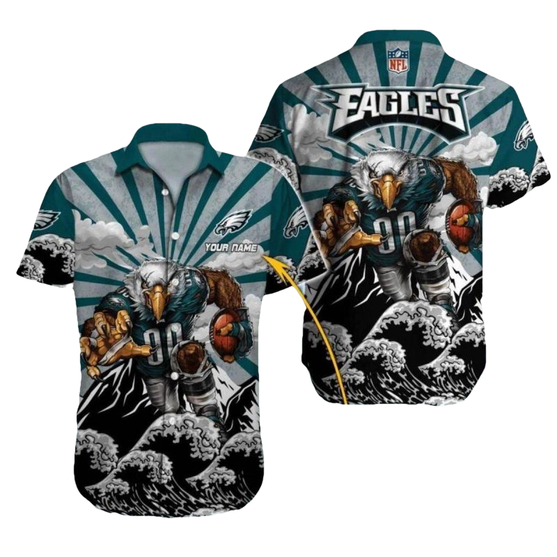 Personalized Philadelphia Eagles Rising Sun And Mountain Football Mascot Hawaiian Shirt - Moonbestprint
