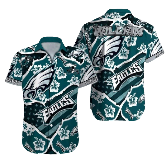 Personalized Philadelphia Eagles Floral And Hibiscus Pattern Hawaiian Shirt - Moonbestprint