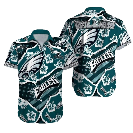 Personalized Philadelphia Eagles Floral And Hibiscus Pattern Hawaiian Shirt - Moonbestprint