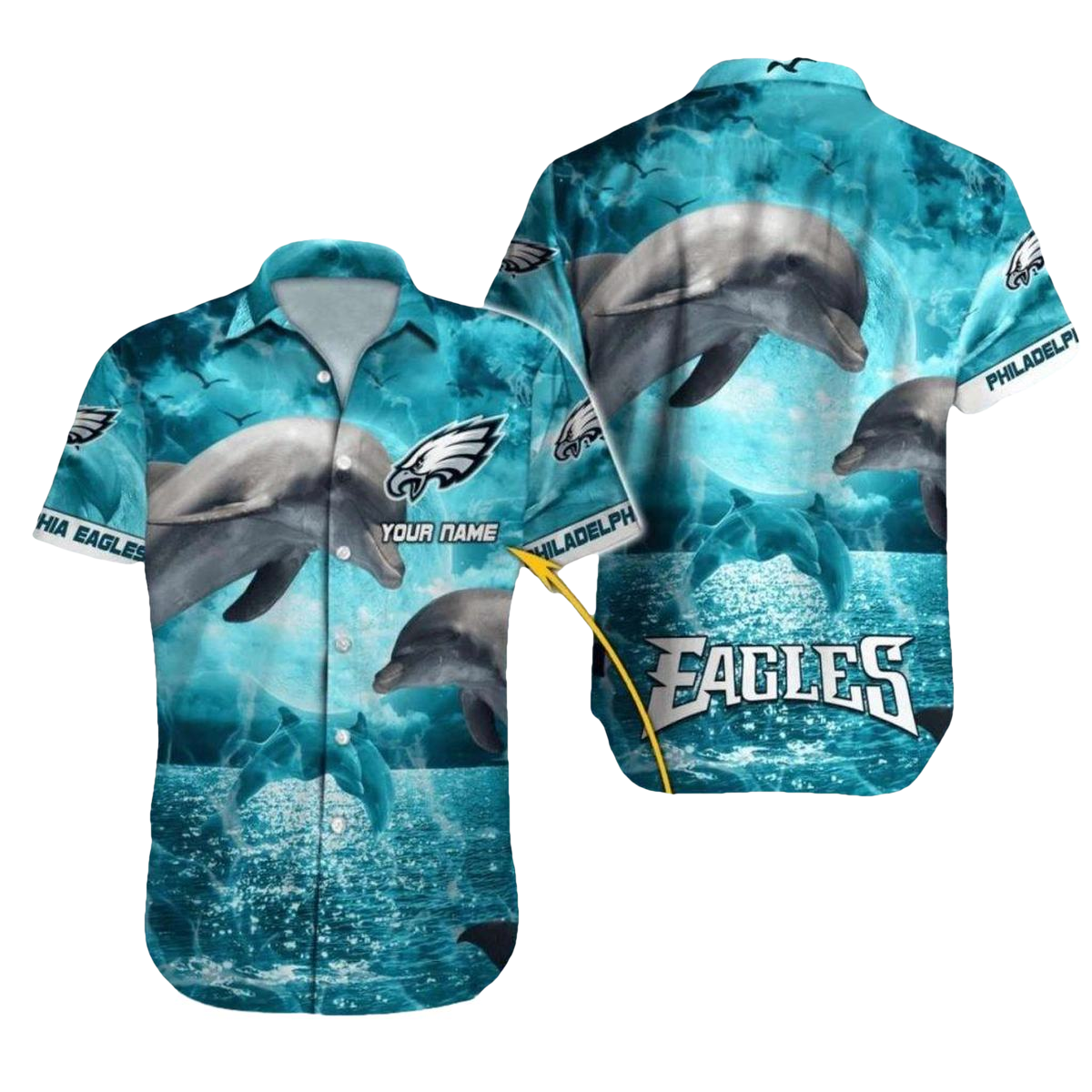 Personalized Philadelphia Eagles Dolphin Ocean Night Scene Hawaiian Shirt - Moonbestprint