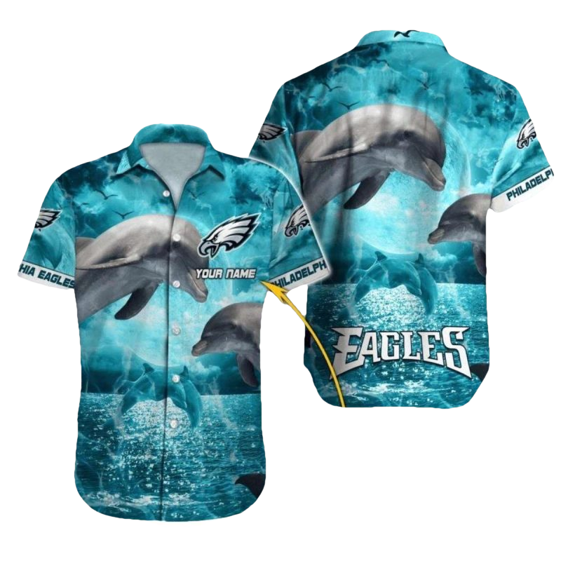 Personalized Philadelphia Eagles Dolphin Ocean Night Scene Hawaiian Shirt - Moonbestprint