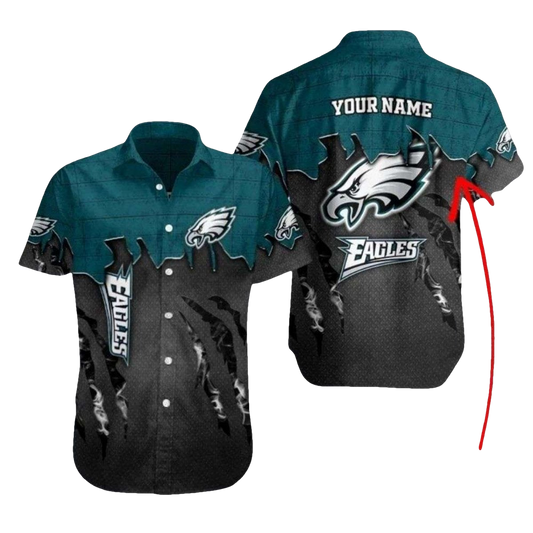 Personalized Eagles Shadowed Feathers Tropical Black And Green Hawaiian Shirt - Moonbestprint