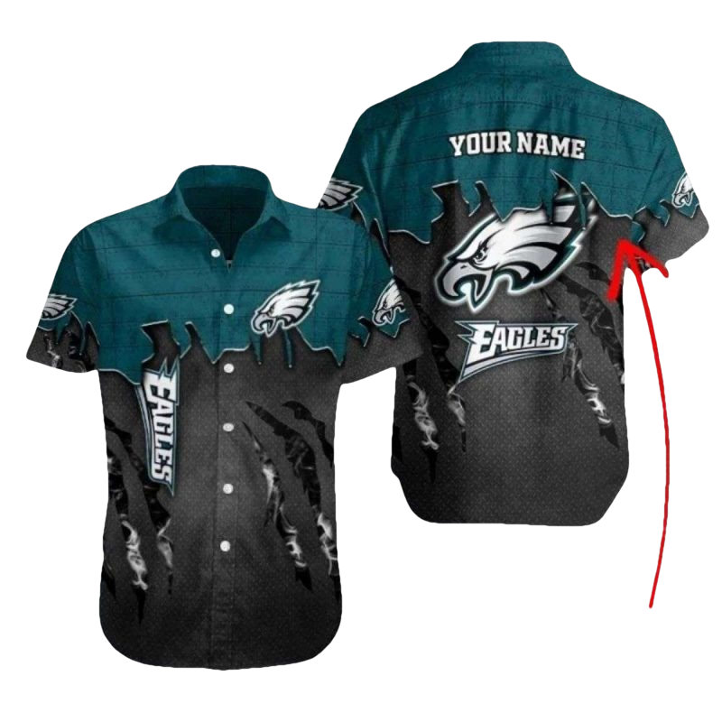 Personalized Eagles Shadowed Feathers Tropical Black And Green Hawaiian Shirt - Moonbestprint