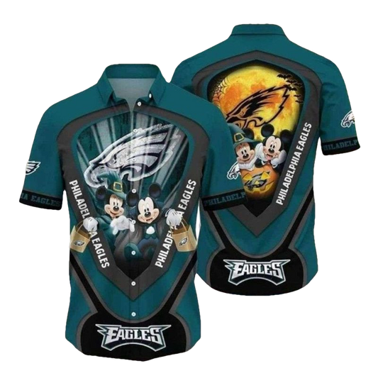 Mickey Halloween Philadelphia Eagles Animated Fun In The Sun Tropical 2025 Hawaiian Shirt - Moonbestprint